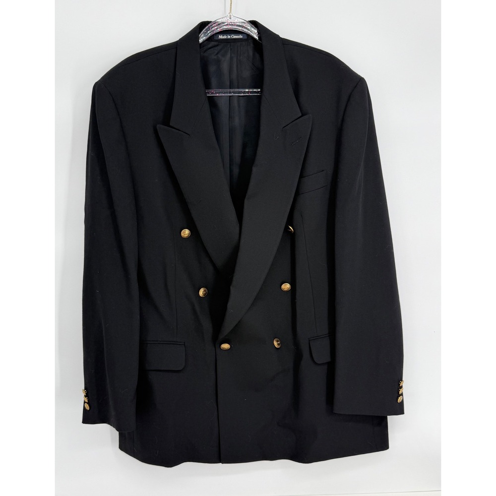 Daniel‎ Hechter Mens Black Double Breasted Blazer Gold Crest Buttons Sz 46 Long